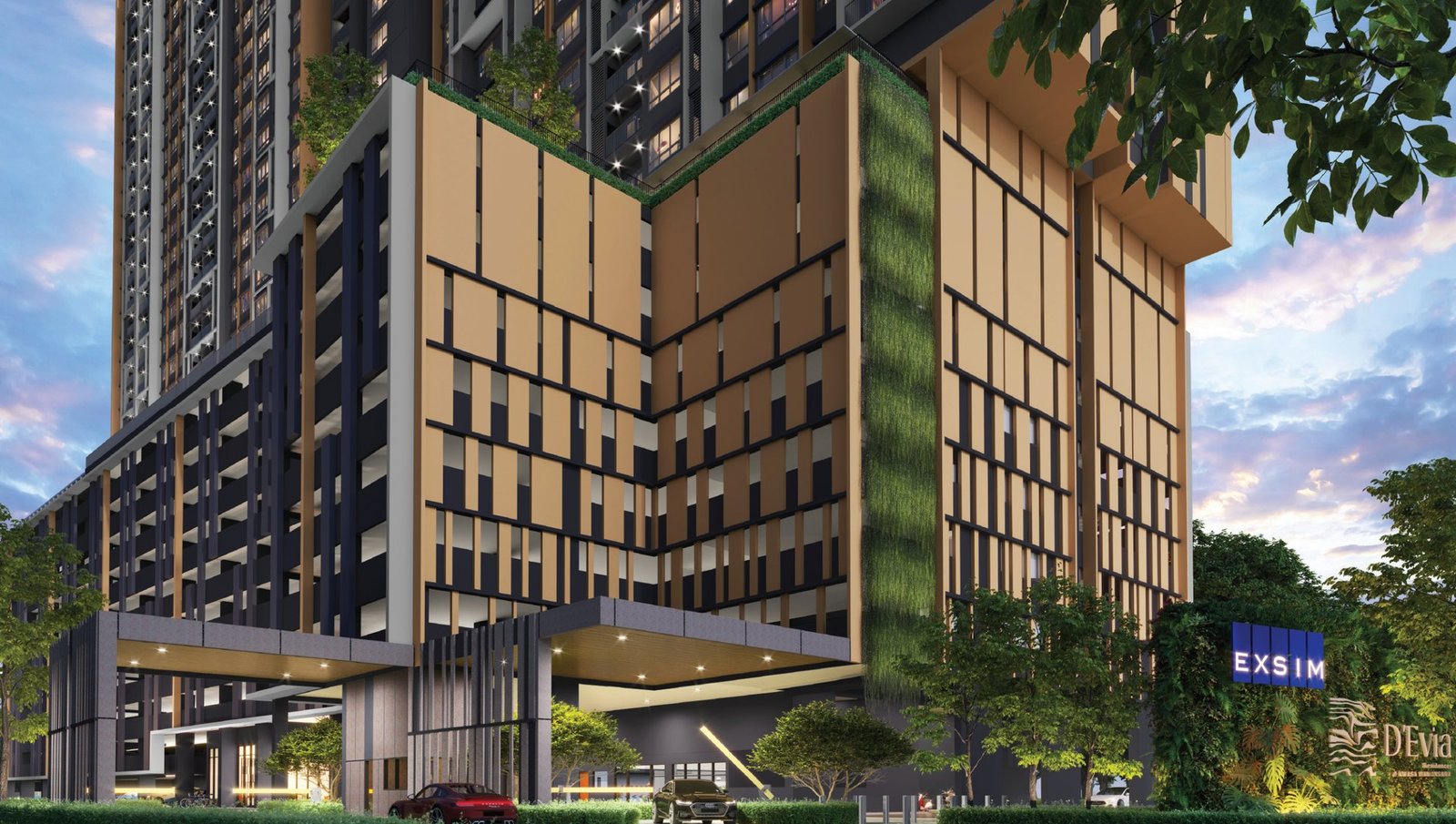 D'Evia Residences facade at twilight, Kwasa Damansara